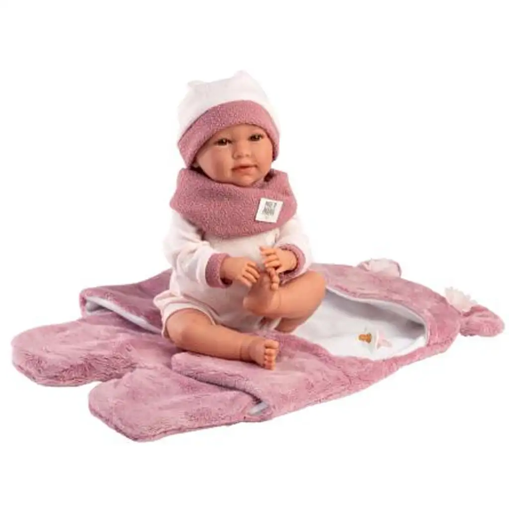 Llorens: Mimi 42cm-es síró baba rózsaszín macifüles puha hálózsákkal kép 3