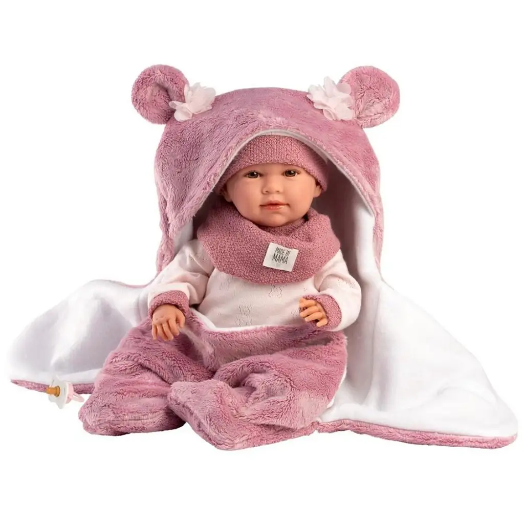Llorens: Mimi 42cm-es síró baba rózsaszín macifüles puha hálózsákkal