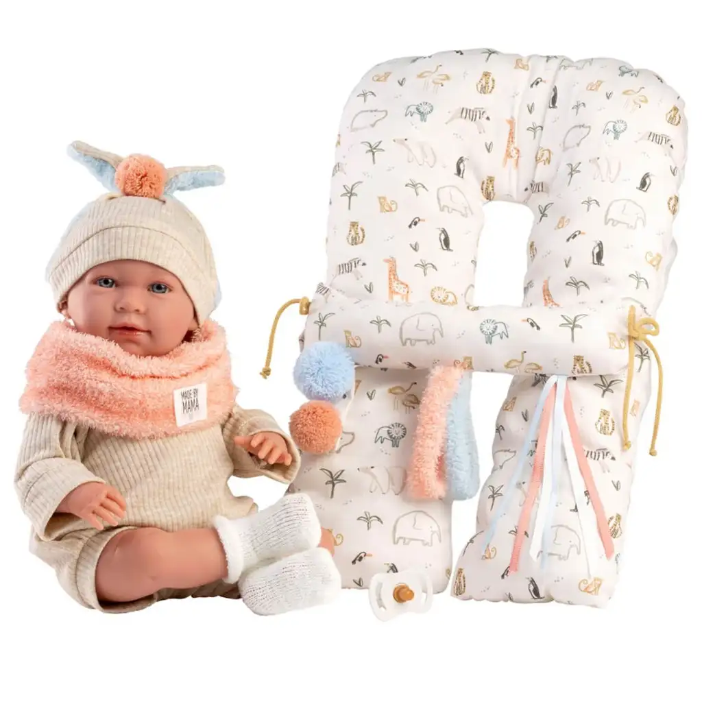 Llorens: Mimi 42cm-es síró baba füles sapkában párnával kép 2