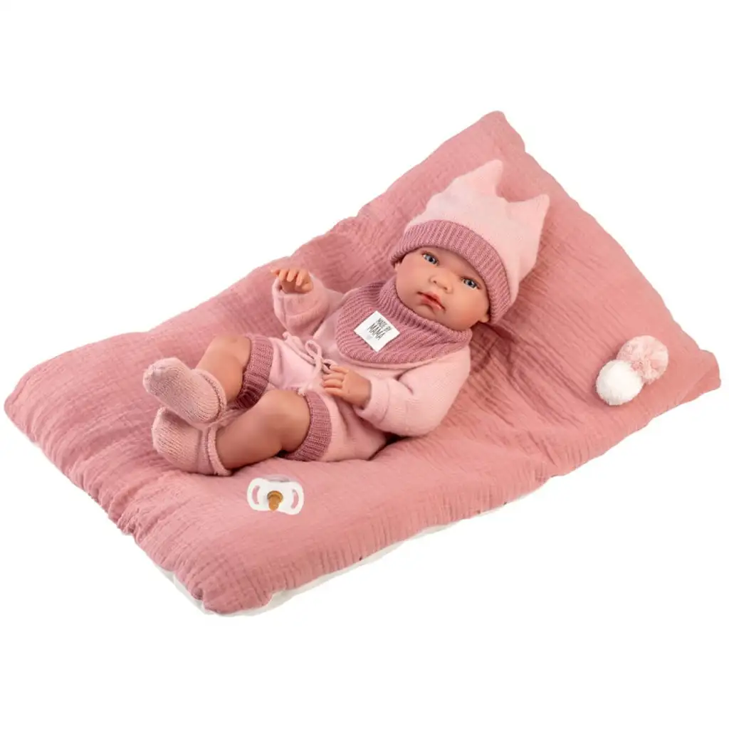 Llorens: Nica újszülött lány baba rózsaszín ruhában párnával 38cm kép 3