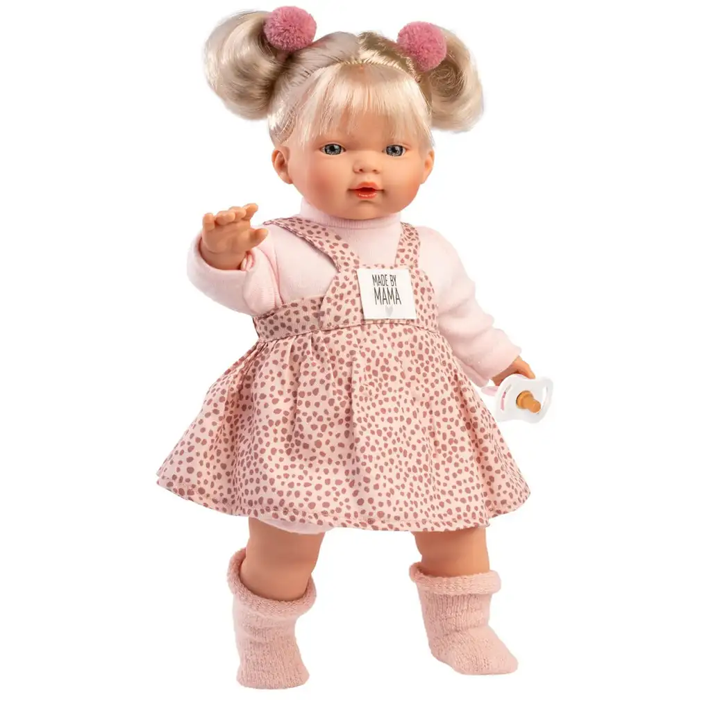 Llorens: Roberta 33cm-es síró baba cumival pöttyös ruhában kép 3
