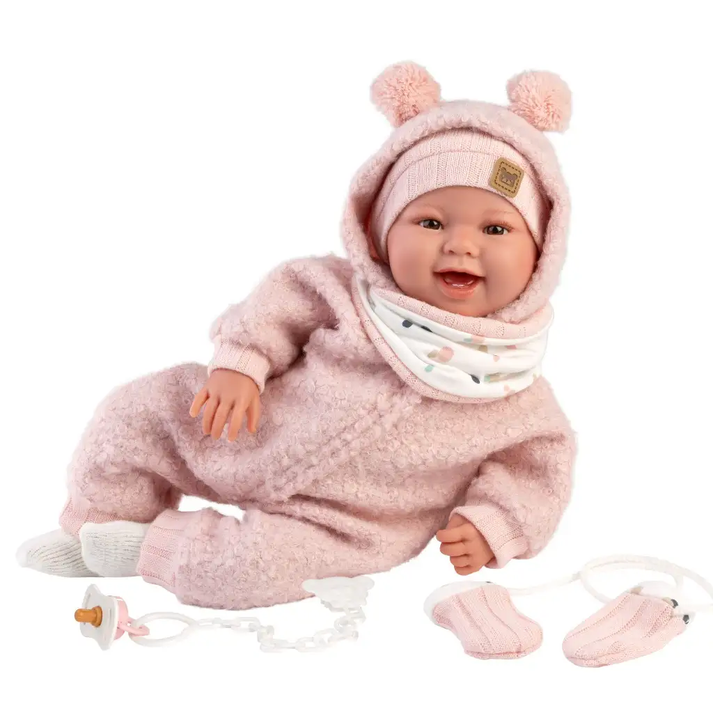Llorens: Tala Sonrisas 44cm-es újszülött baba hanggal rózsaszín kezeslábasban kép 3