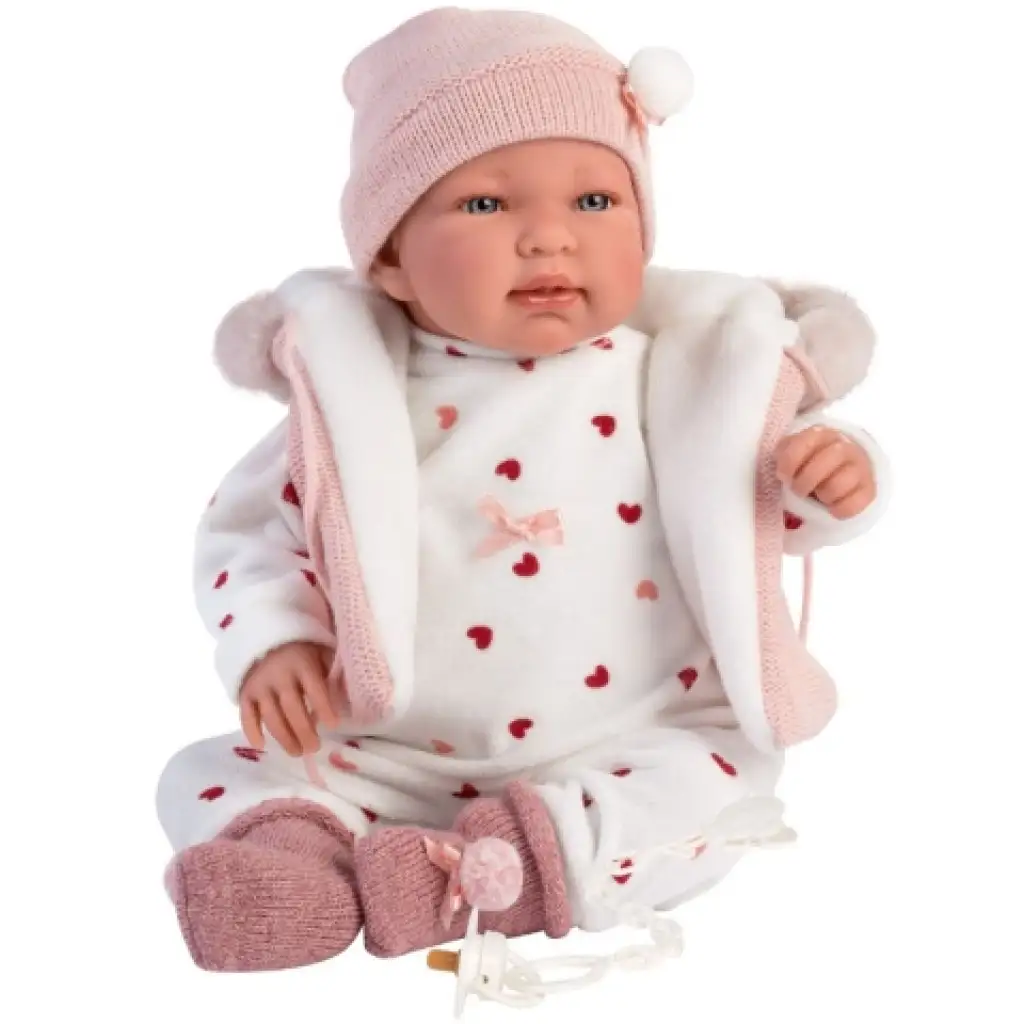 Llorens: Tina 44cm-es síró baba kapucnis rózsaszín mellényben kép 5
