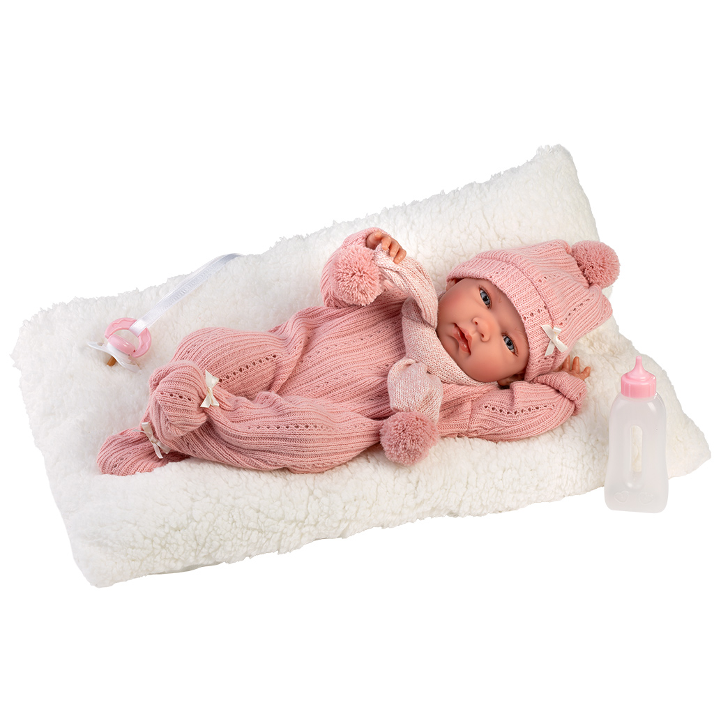 Llorens: Nica 40cm-es újszülött baba cumisüveggel és párnával