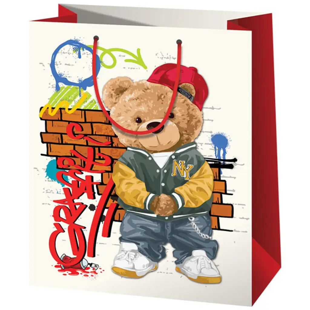 Sapkás maci nagy méretű ajándéktáska 27x14x33cm