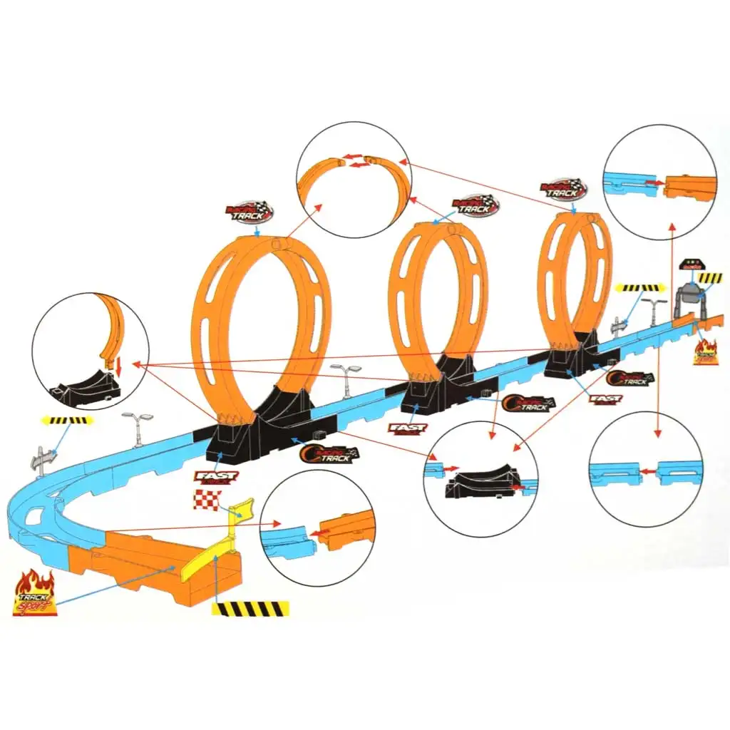 Racing Track: 28db-os versenypálya szett 3db hurokkal és 2db hátrahúzható autóval 1/64 kép 3
