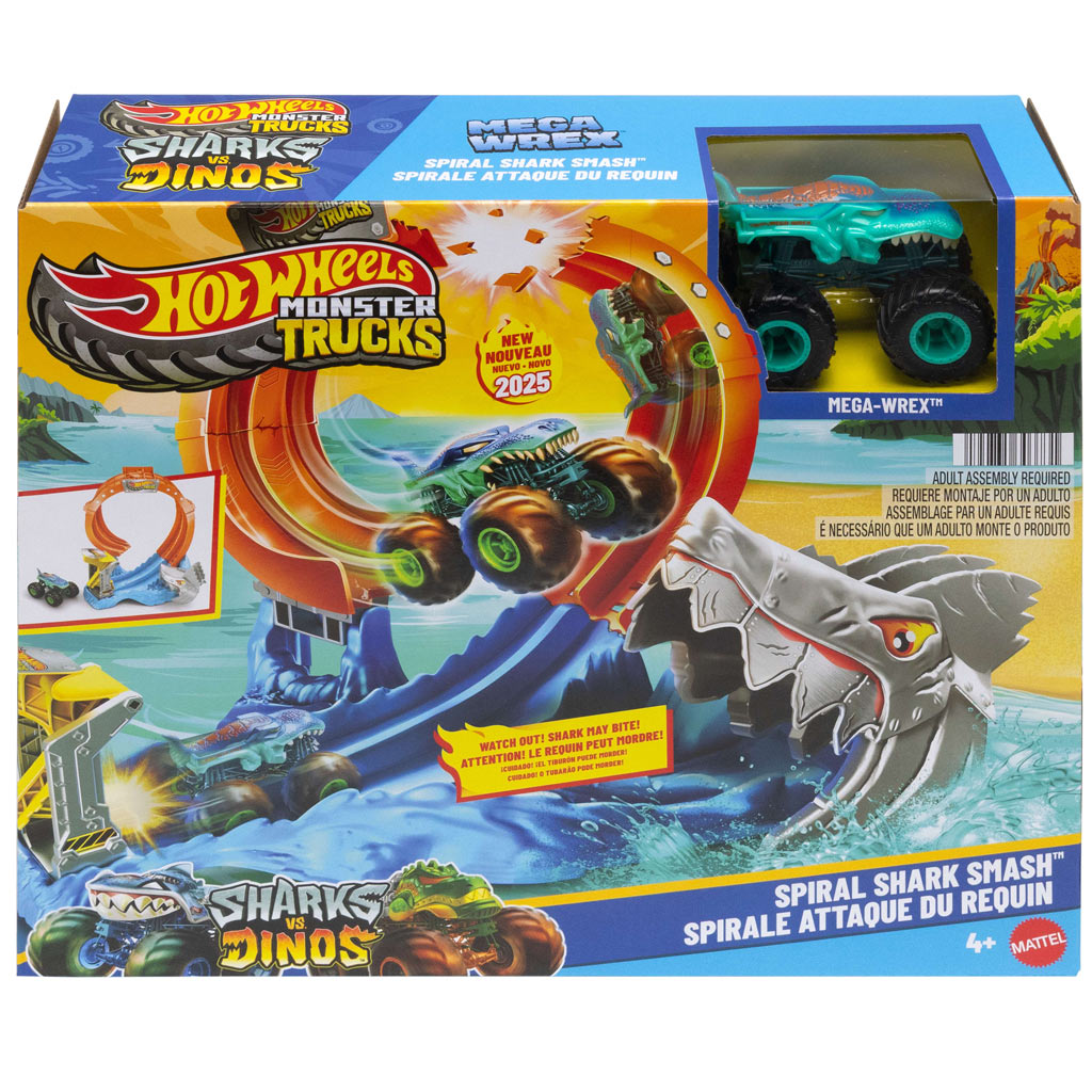 Hot Wheels Monster Trucks: Spiral Shark Smash pályaszett Mega-Wrex kisautóval – Mattel