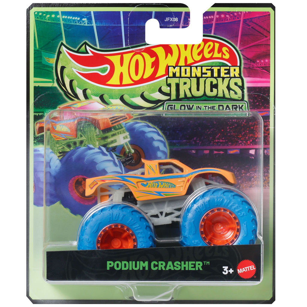 Hot Wheels Monster Trucks: Podium Crasher narancssárga sötétben világító kisautó 1/64 – Mattel