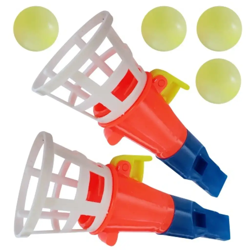 Páros mini tölcséres kilövő-elkapójáték síppal és 4db labdával több változatban