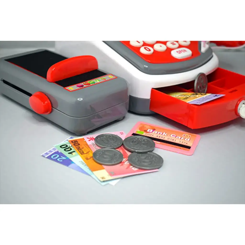 Piros funkciós elektromos pénztárgép futószalaggal, termékekkel és hanggal kép 5