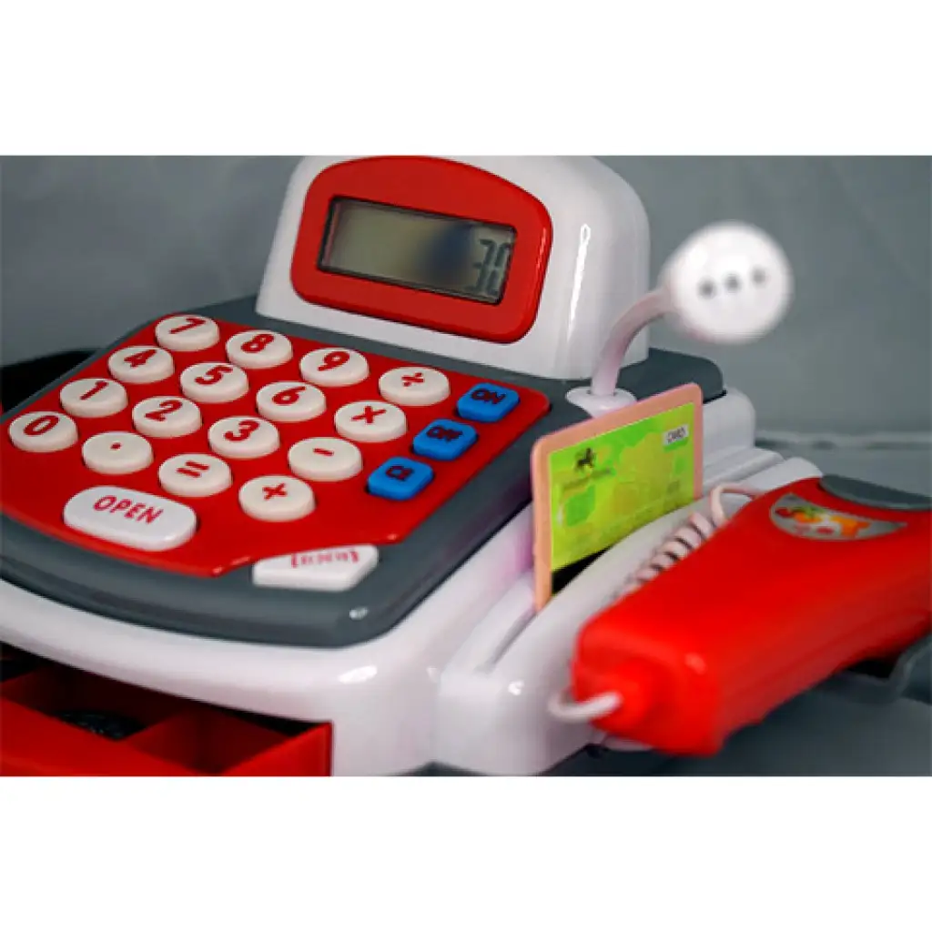Piros funkciós elektromos pénztárgép futószalaggal, termékekkel és hanggal kép 7