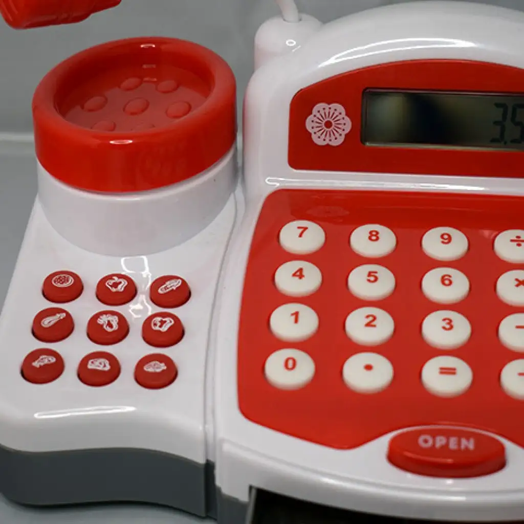 Piros funkciós elektromos pénztárgép játékpénzzel, termékekkel és hanggal kép 5