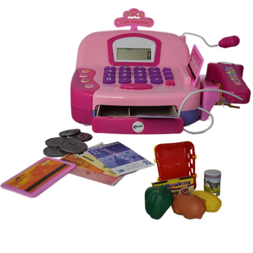 Rózsaszín funkciós elektromos pénztárgép mikrofonnal, játékpénzzel és hanggal kép 3