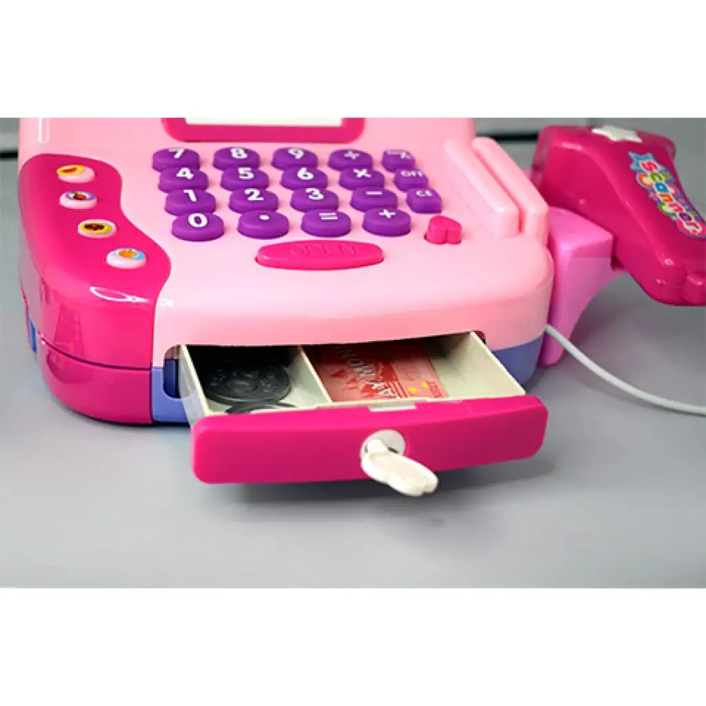 Rózsaszín funkciós elektromos pénztárgép játékpénzzel és hanggal kép 2