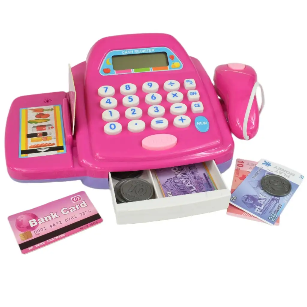 Rózsaszín pénztárgép fénnyel és hanggal, kiegészítőkkel és játékpénzzel 24cm kép 2