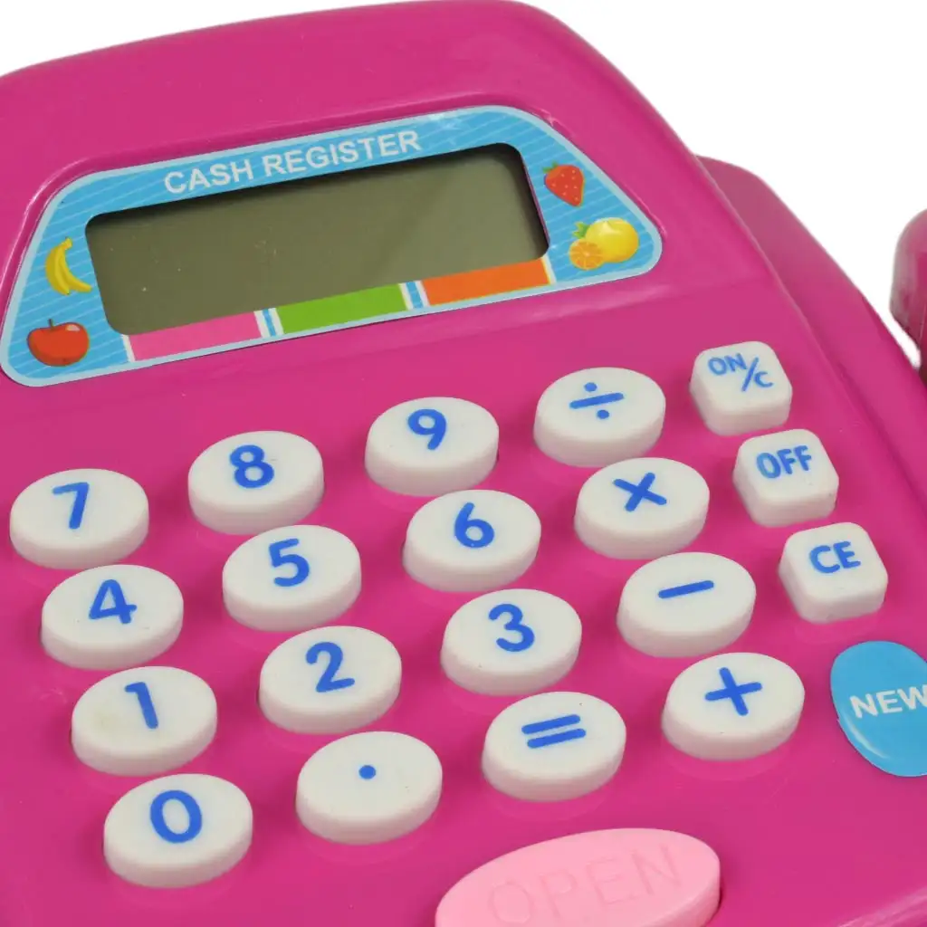 Rózsaszín pénztárgép fénnyel és hanggal, kiegészítőkkel és játékpénzzel 24cm kép 3
