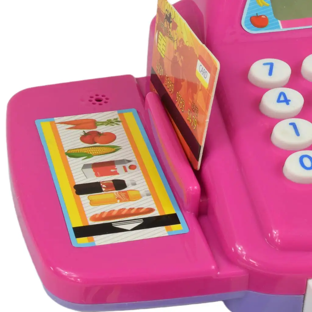 Rózsaszín pénztárgép fénnyel és hanggal, kiegészítőkkel és játékpénzzel 24cm kép 4