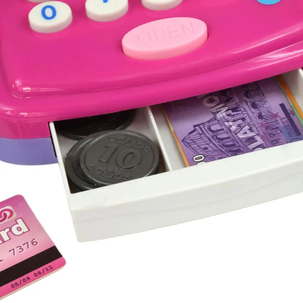 Rózsaszín pénztárgép fénnyel és hanggal, kiegészítőkkel és játékpénzzel 24cm kép 7