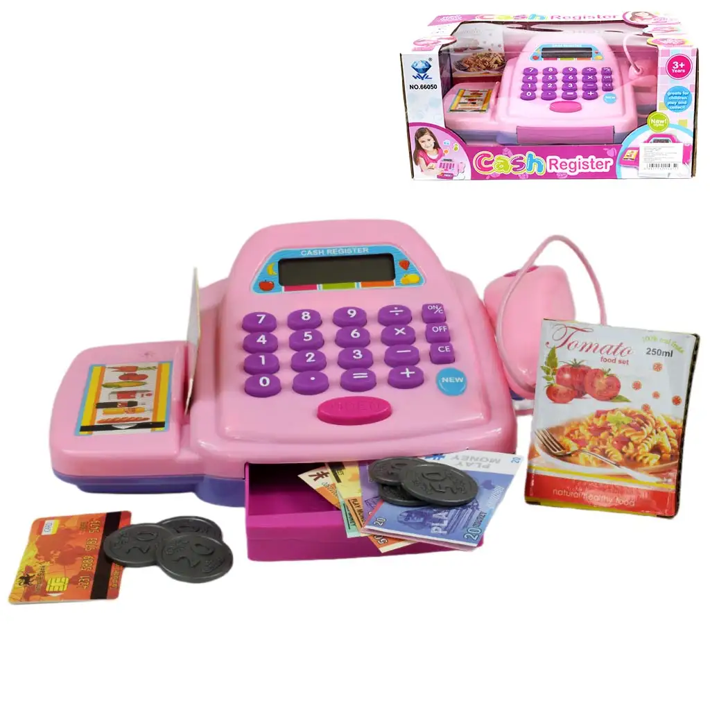 Rózsaszín elektronikus pénztárgép fénnyel és hanggal, játékpénzzel 25x14cm