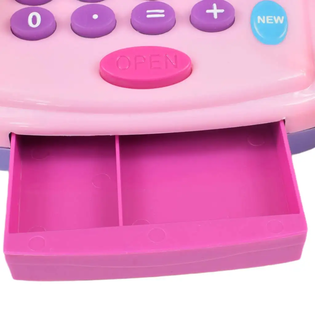 Rózsaszín elektronikus pénztárgép fénnyel és hanggal, játékpénzzel 25x14cm kép 4