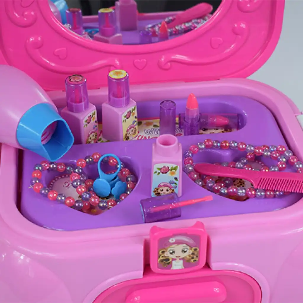 Szépítkező asztal hordozható ülőkében ékszerekkel és szépség kiegészítőkkel kép 6