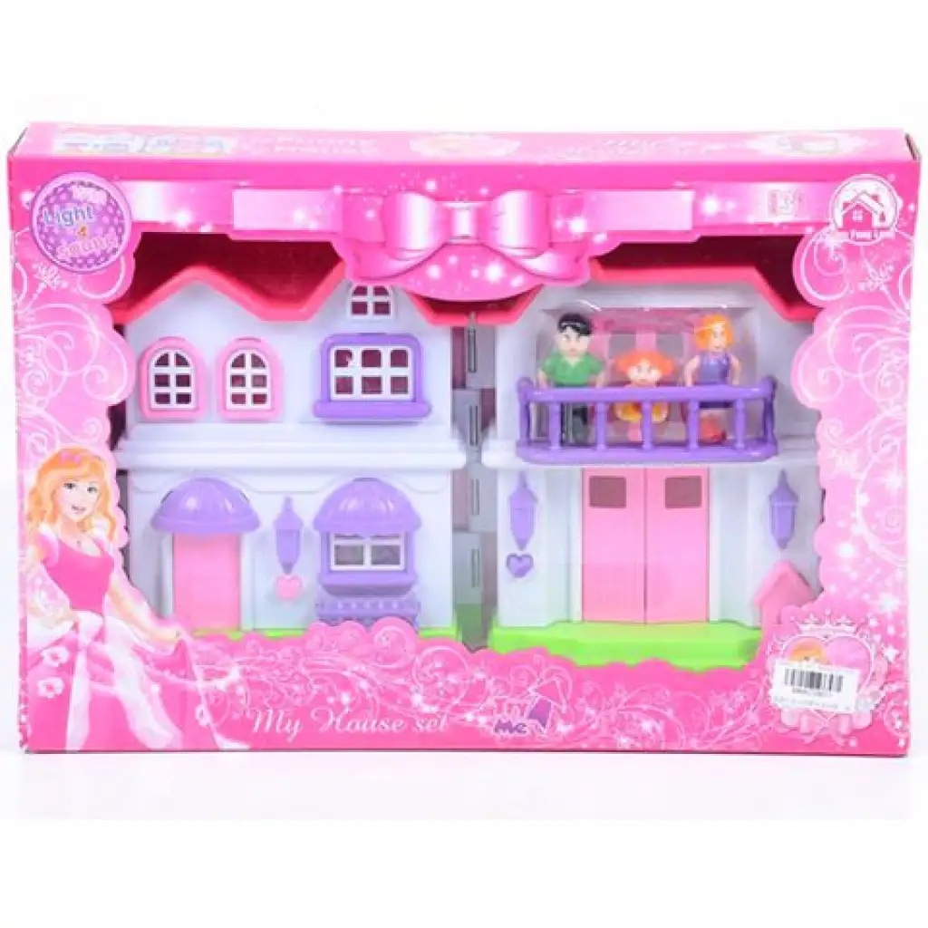 Rózsaszín családi villa bútorokkal és baba családdal