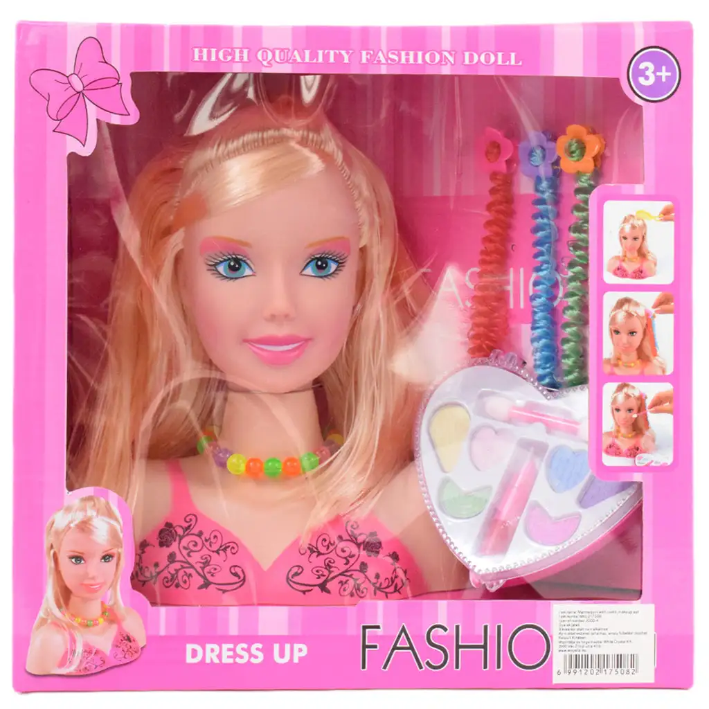 Fashion Girl: Szőke hajú fésülhető és fodrászolható babafej sminkpalettával és kiegészítőkkel 21cm kép 8
