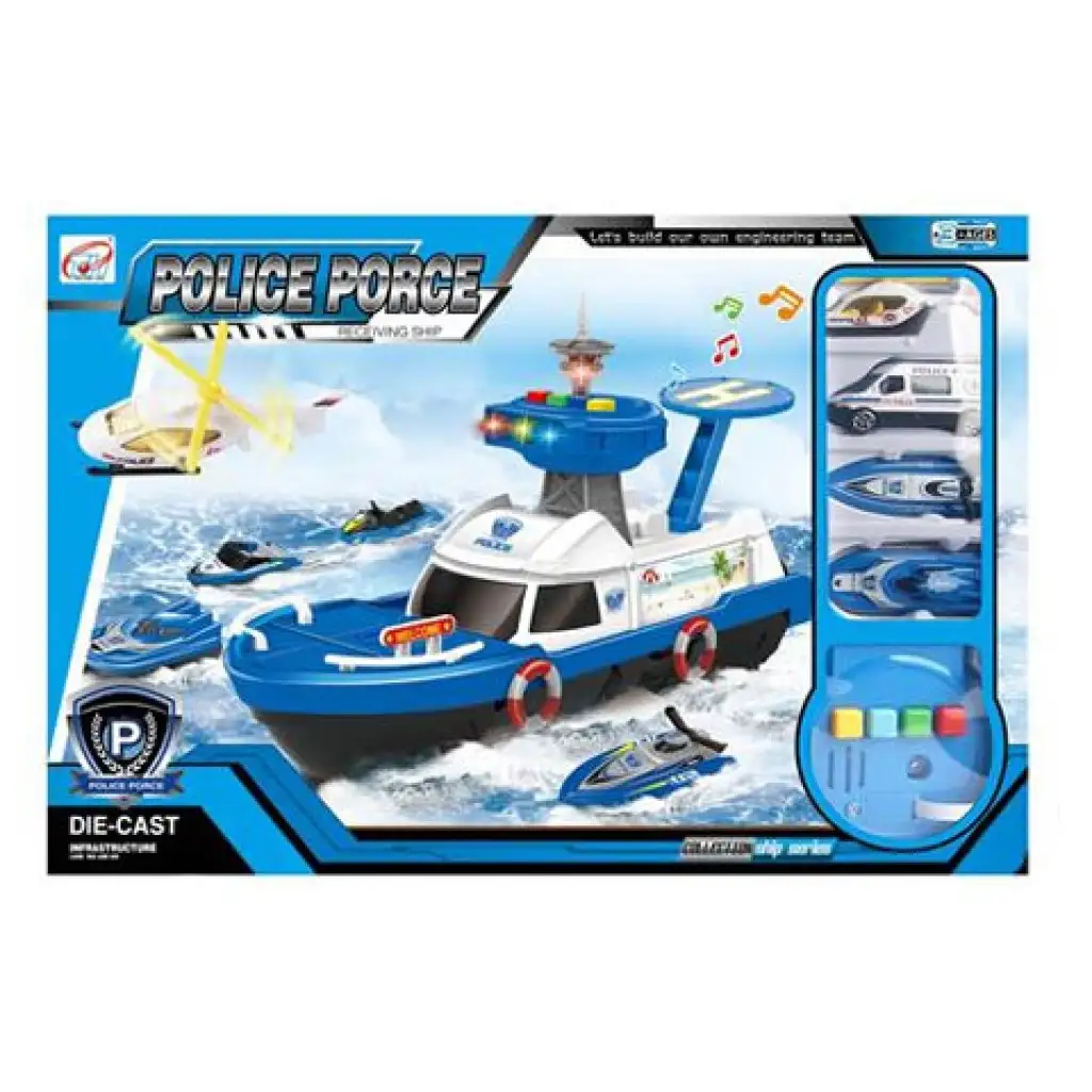 Rendőrhajó szett fénnyel és hanggal, kiegészítőkkel