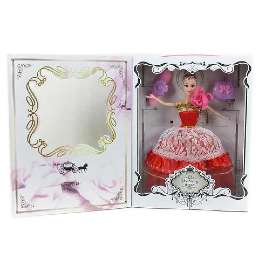 Piros menyasszonyi ruhás baba kiegészítőkkel 30cm