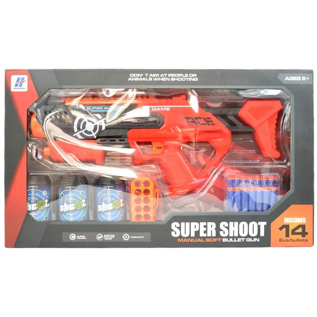 Super Shoot: Manuális szivacslövő fegyver töltényekkel és üdítősflakon célokkal 46cm kép 5