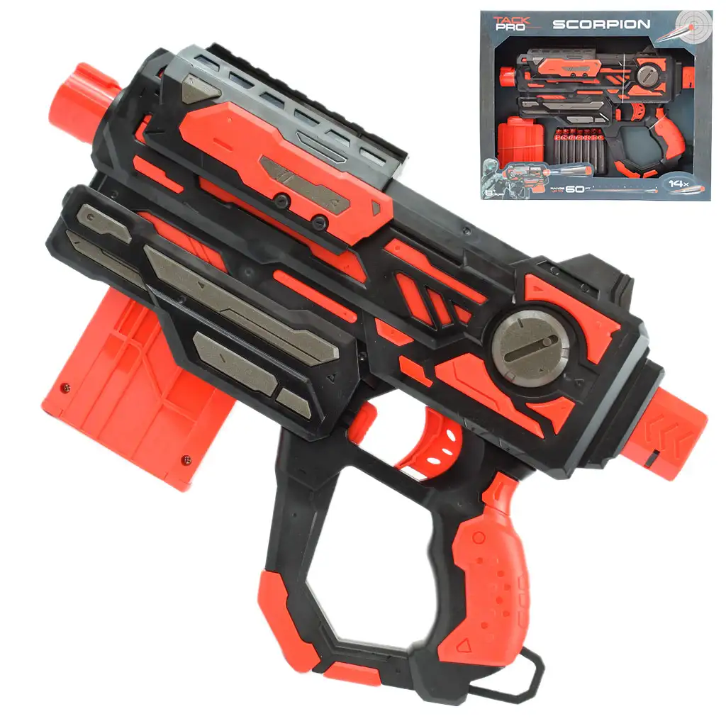 Scorpion Tack Pro: Szivacslövő fegyver tölténnyel és tárral, 18 méteres lövő távolsággal