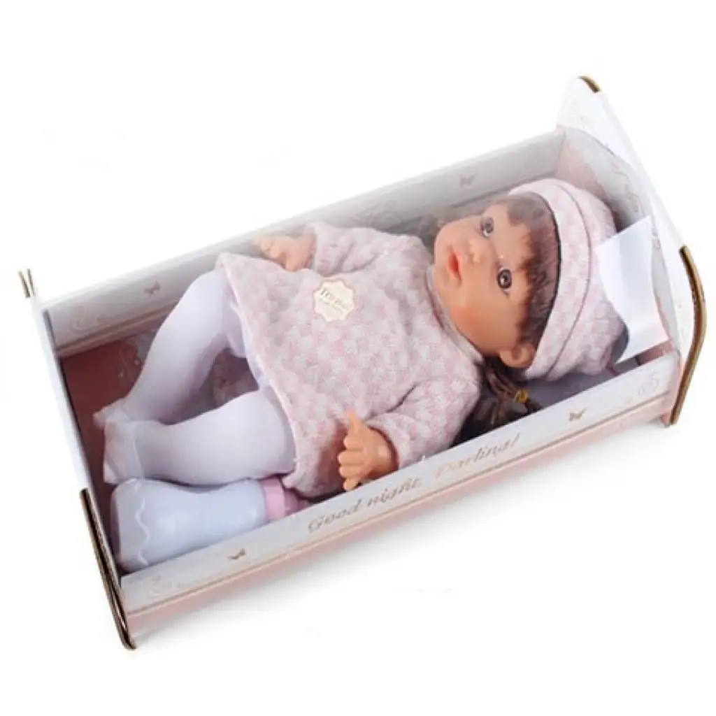 Pisilő baba kockás ruhában hanggal és kisággyal 30cm kép 2