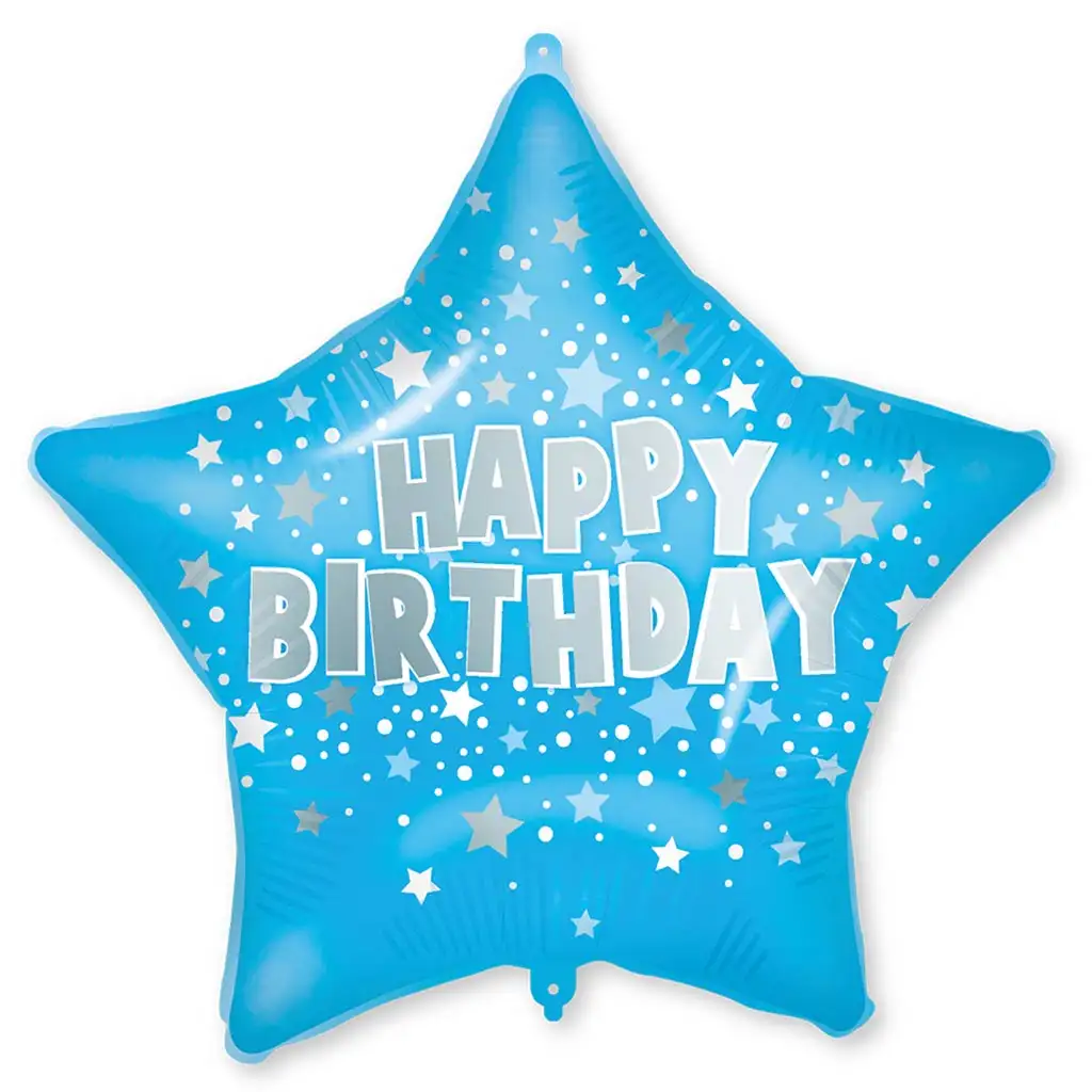 Szülinapi fólia lufi – Kék csillagos „Happy Birthday” felirattal 46cm
