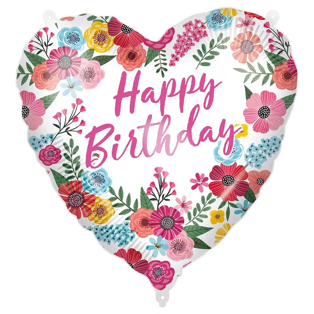 Szülinapi fólia lufi – „Happy Birthday” felirattal, szív alakú, virágos mintával 46cm