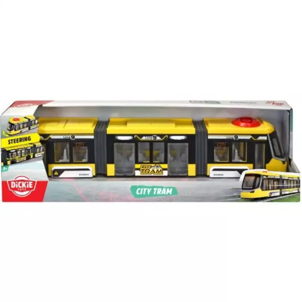 Dickie Toys: Siemens Combino sárga városi villamos kormányzással és nyitható ajtókkal - Simba Toys