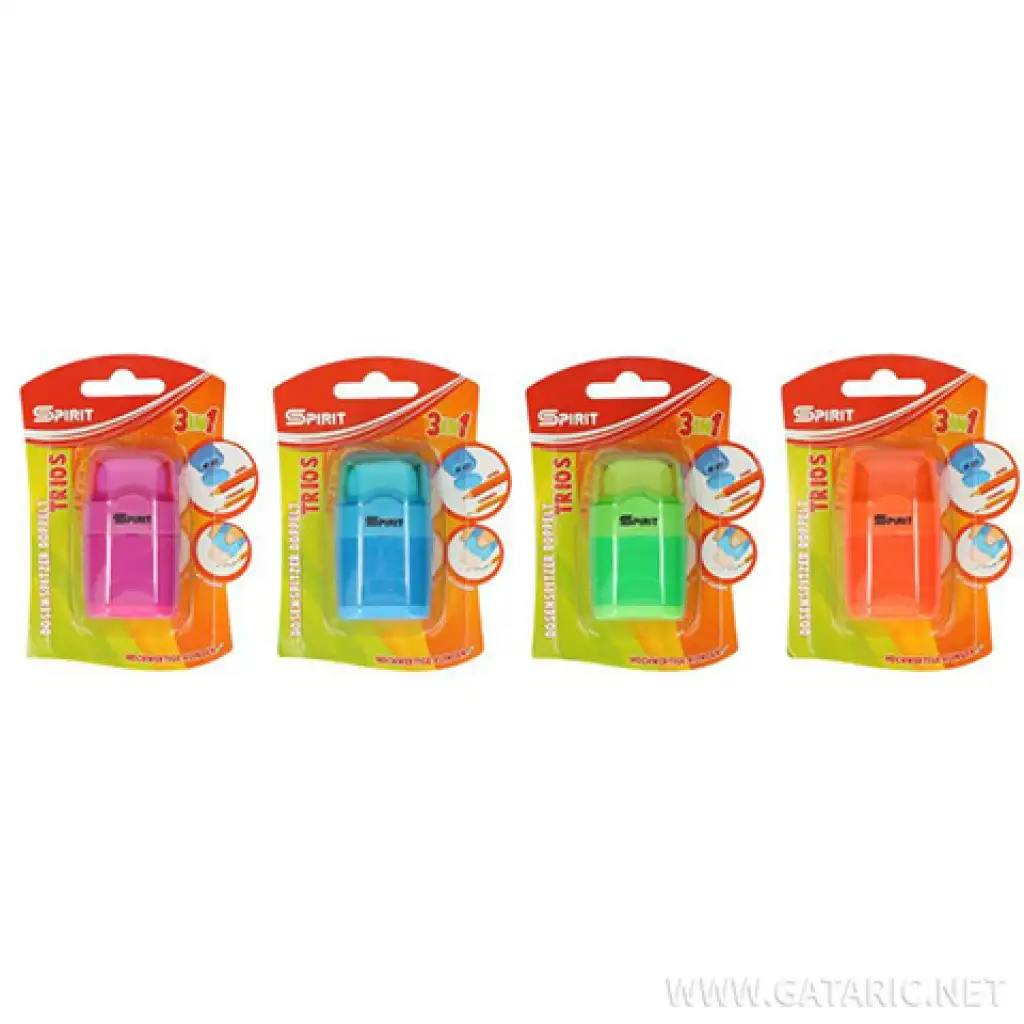Spirit: Trios 3 az 1-ben 2 lyukú tartályos hegyező és radír többféle színben 1db-os csomag