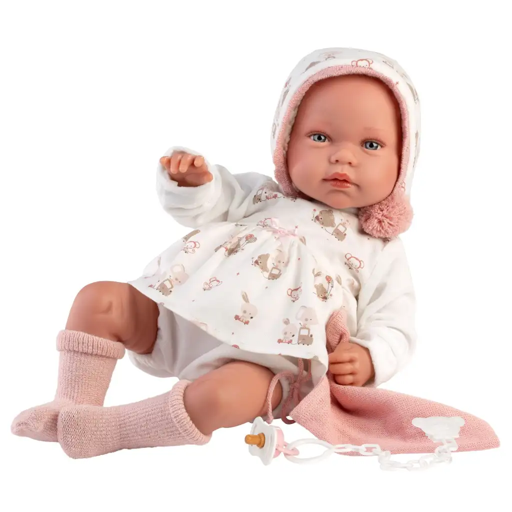 Llorens: Tala Llorana 44cm-es újszülött baba hanggal kapucnis ruhában kép 2