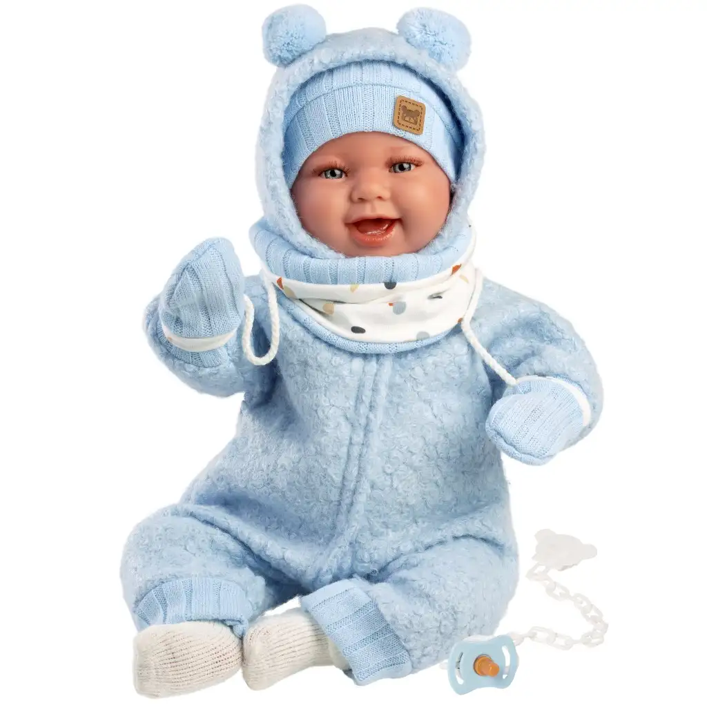 Llorens: Talo Sonrisas 44cm-es újszülött baba hanggal kék kapucnis ruhában