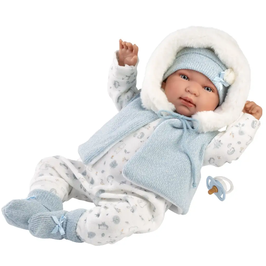Llorens: Tino 44cm-es újszülött baba cumival kapucnis mellényben kép 2