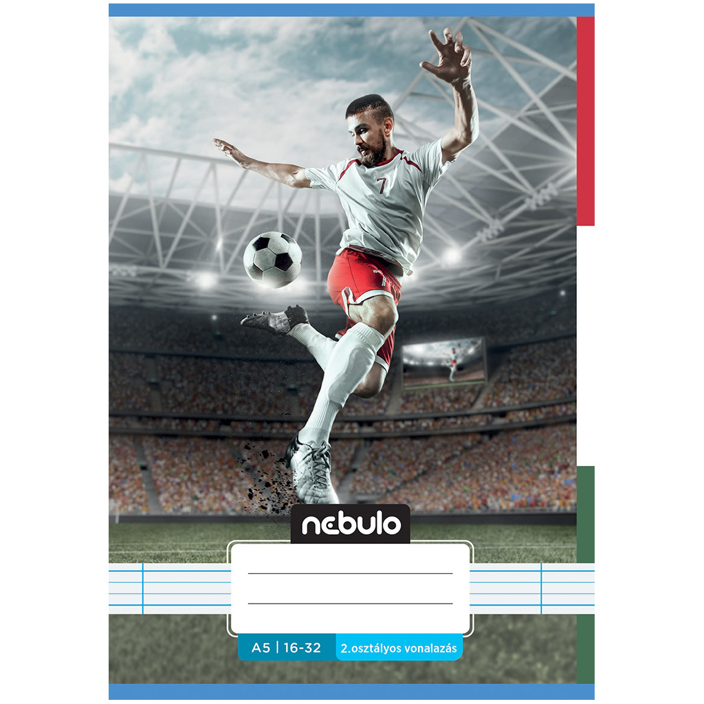 Nebulo: Tűzött 2. osztályos labdarúgó mintás vonalas füzet 16-32 A/5