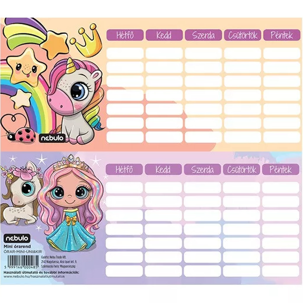 Nebulo: Unikornis és királylány egylapos, kétoldalas mini órarend